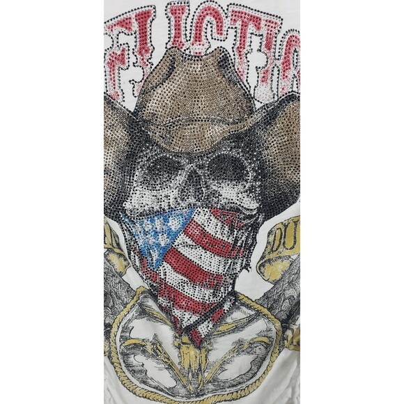 Affliction Shirt Womens XL White Rhinestone Skull Cowboy Graphic Braided Tee - Picture 2 of 8